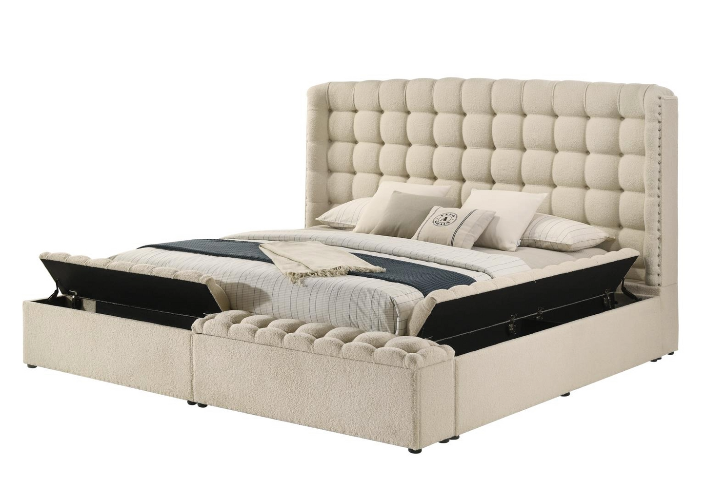Versaley Beige Tufted Low Profile Storage Bed
