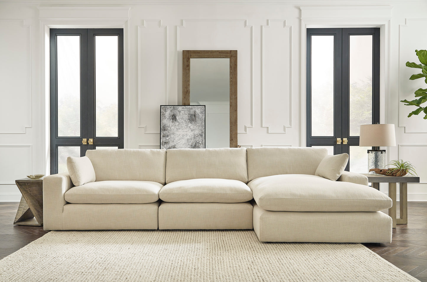 Linen Cloud Down Three Piece Sectional with Chaise Lounge