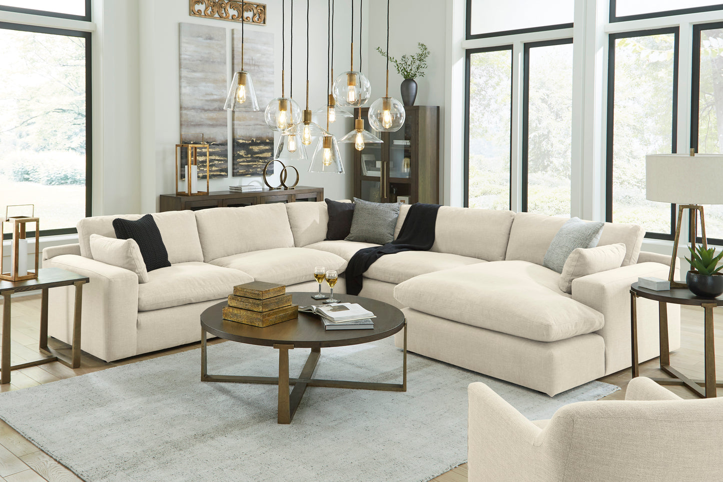 Linen Cloud Down Five Piece Sectional with Chaise Lounge