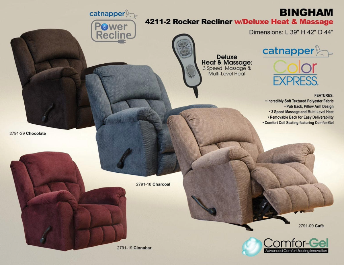 Bingham Chocolate Rocker Recliner with Heat and Massage