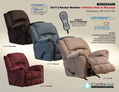 Bingham Chocolate Rocker Recliner with Heat and Massage