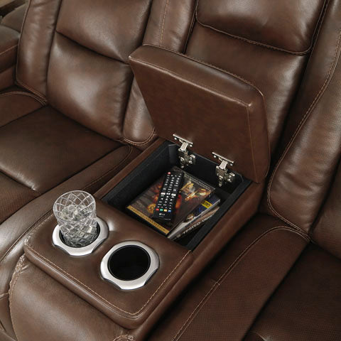 The Man-Den Brown Power Reclining Loveseat with Console