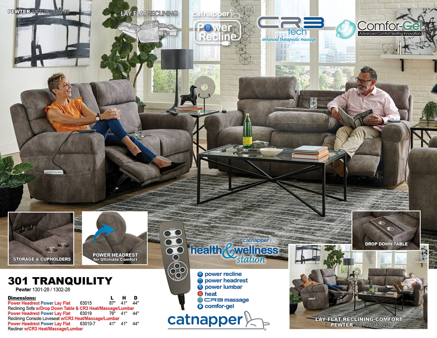 Catnapper Tranquility Pewter Three-way Power Reclining Sofa