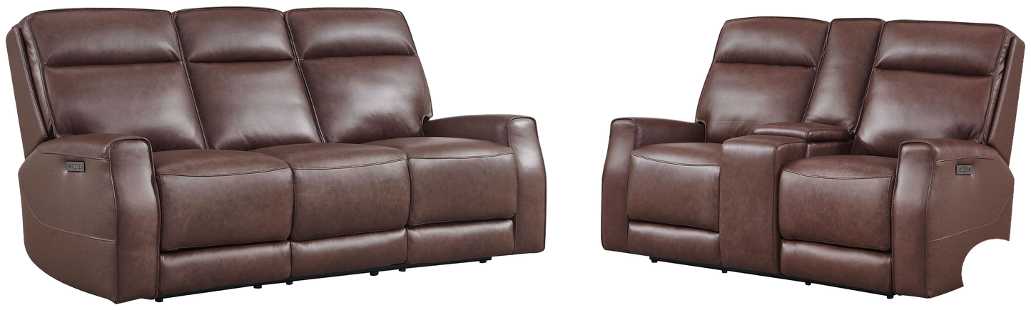 Sydney Brown Leather Dual Power Reclining Sofa and Loveseat Set