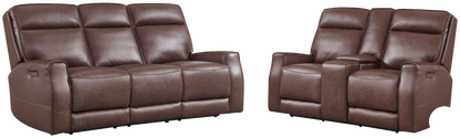Sydney Brown Leather Dual Power Reclining Sofa and Loveseat Set