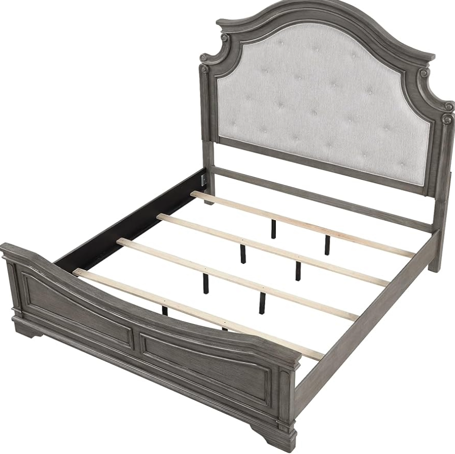 Annalee Gray Rustic Bed with Tufted Beige Linen