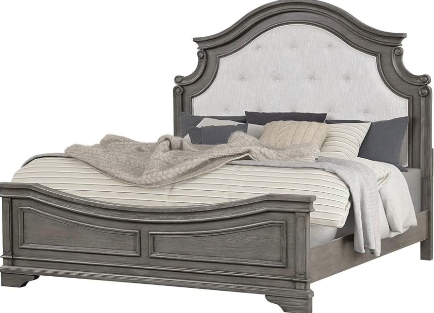 Annalee Gray Rustic Bed with Tufted Beige Linen