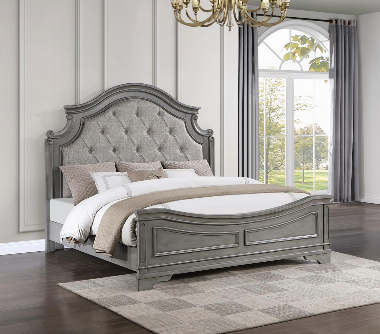 Annalee Gray Rustic Bed with Tufted Beige Linen