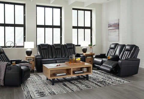 Center Point Black Reclining Sofa with Drop Down Table