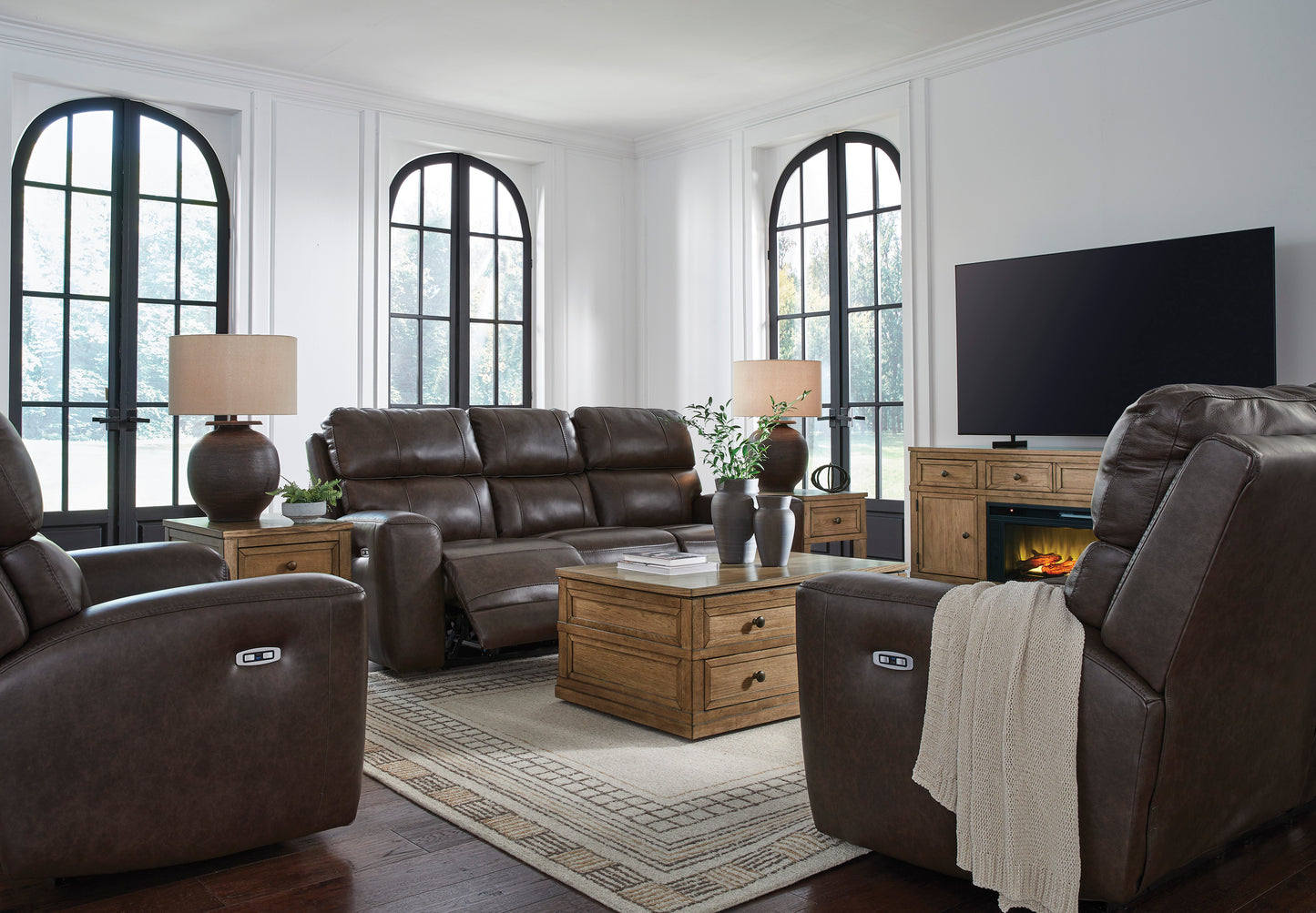 Crossplex Smoke Power Reclining Sofa and Loveseat Set