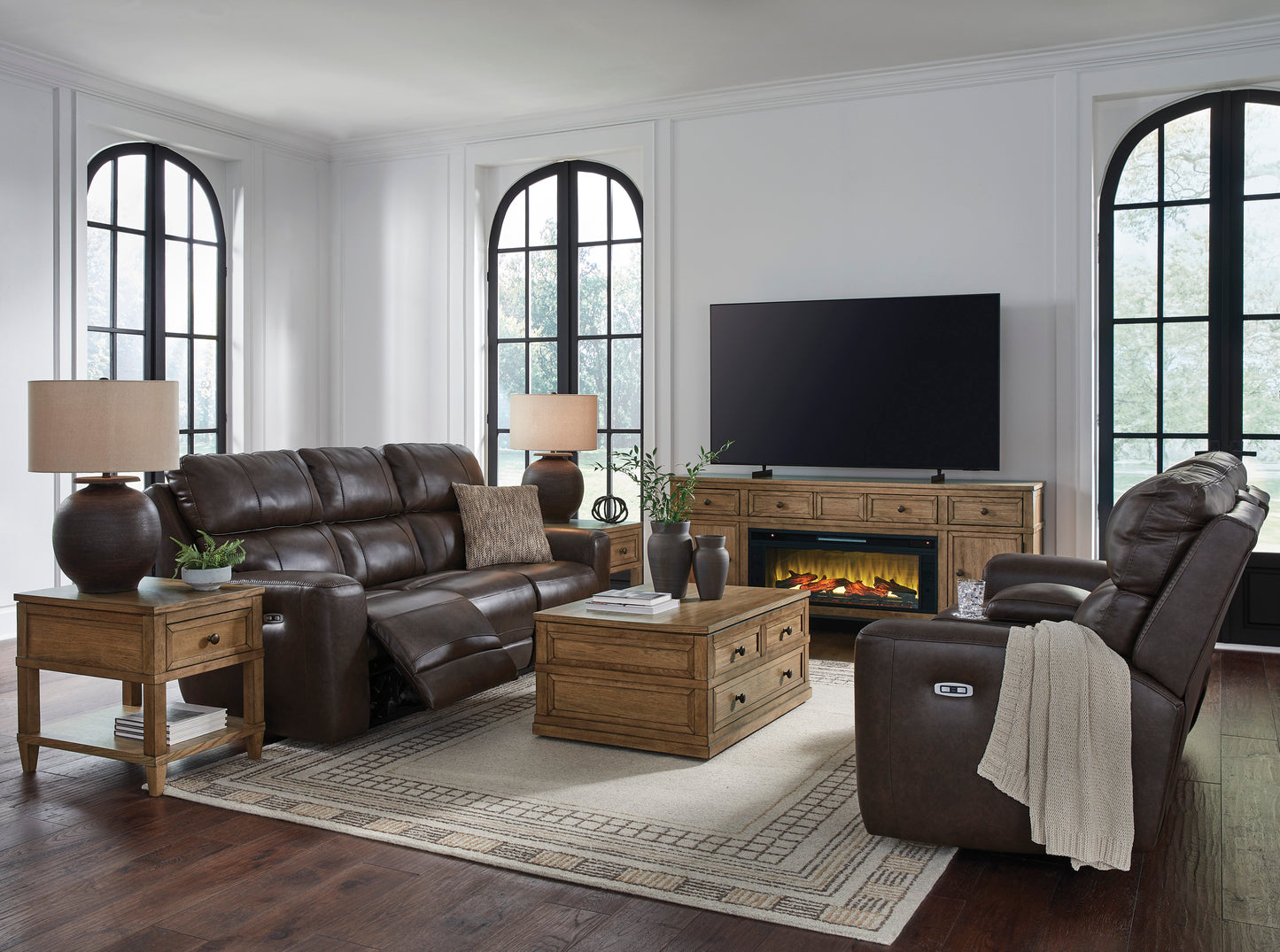 Crossplex Smoke Power Reclining Sofa and Loveseat Set