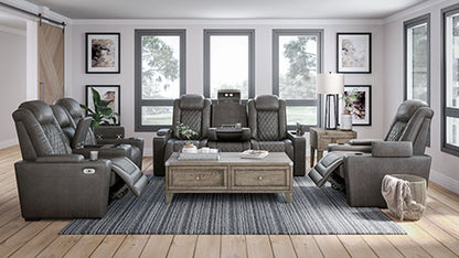 HyllMont Gray Power Reclining Sofa and Loveseat Set