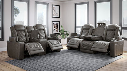 HyllMont Gray Power Reclining Sofa and Loveseat Set