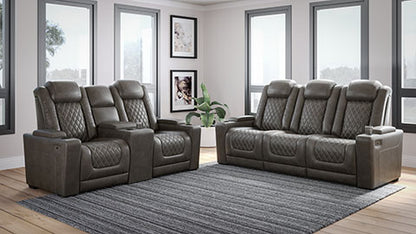 HyllMont Gray Power Reclining Sofa and Loveseat Set