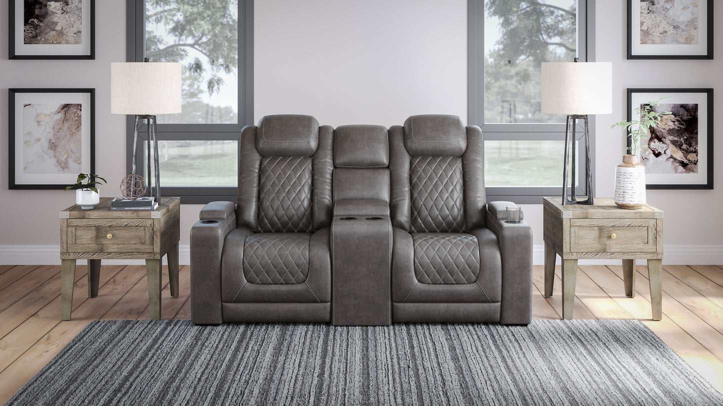 HyllMont Gray Power Reclining Loveseat with Console