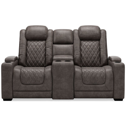 HyllMont Gray Power Reclining Loveseat with Console