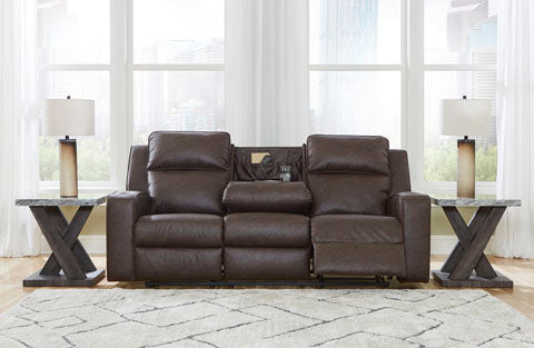 Lavenhorne Umber Reclining Sofa with Drop Down Table