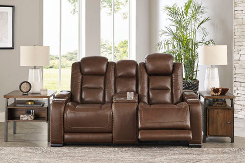 The Man-Den Brown Power Reclining Loveseat with Console