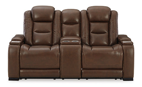 The Man-Den Brown Power Reclining Loveseat with Console