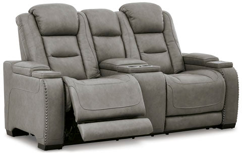 The Man-Den Gray Power Reclining Loveseat with Console