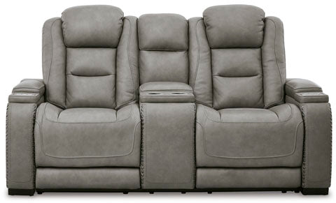 The Man-Den Gray Power Reclining Loveseat with Console