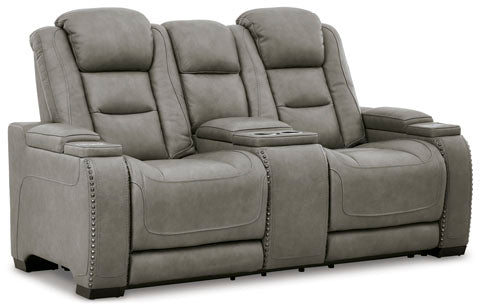 The Man-Den Gray Power Reclining Loveseat with Console