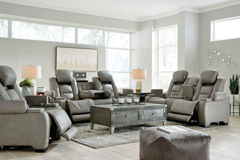 The Man-Den Gray Power Reclining Loveseat with Console