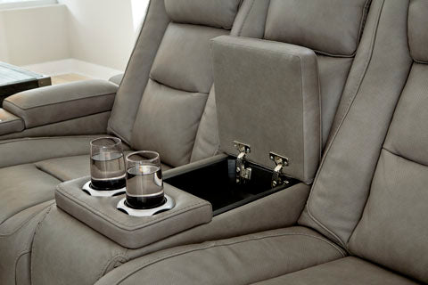 The Man-Den Gray Power Reclining Loveseat with Console