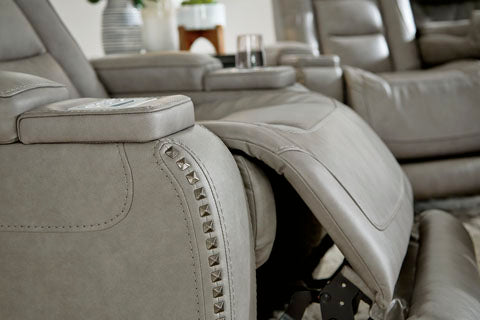 The Man-Den Gray Power Reclining Loveseat with Console