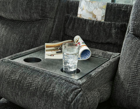 Martinglenn Ebony Power Reclining Sofa with Drop Down Table