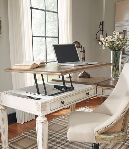 Realyn White & Brown 2-Piece Home Office Lift Top Desk