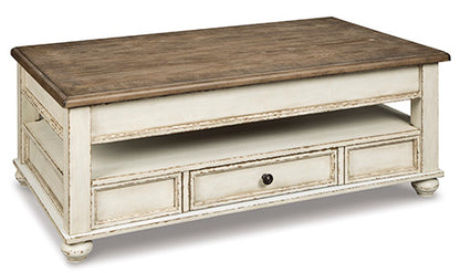 Realyn White & Brown Coffee Table with Lift Top