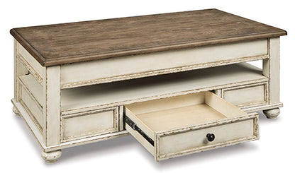 Realyn White & Brown Coffee Table with Lift Top