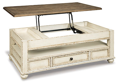 Realyn White & Brown Coffee Table with Lift Top