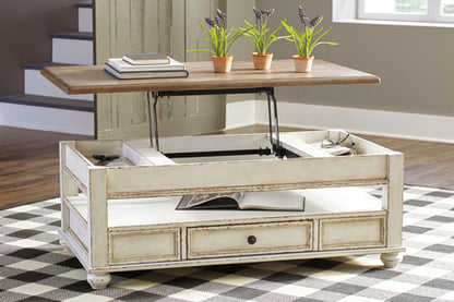 Realyn White & Brown Coffee Table with Lift Top