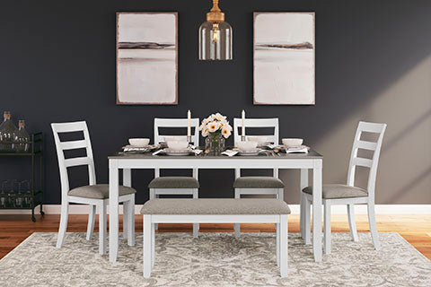 Stonehollow White 6-pc Dining Table and Chairs with Bench Set