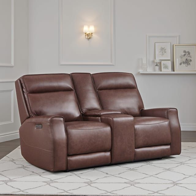 Leather Italia™ Sydney Brown Dual Power Reclining Loveseat with Console