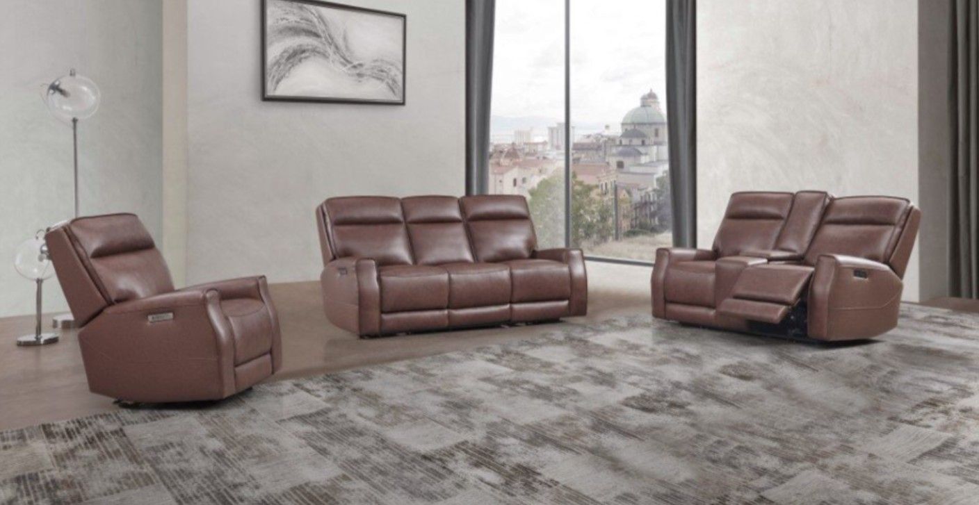Sydney Brown Leather Dual Power Reclining Sofa and Loveseat Set