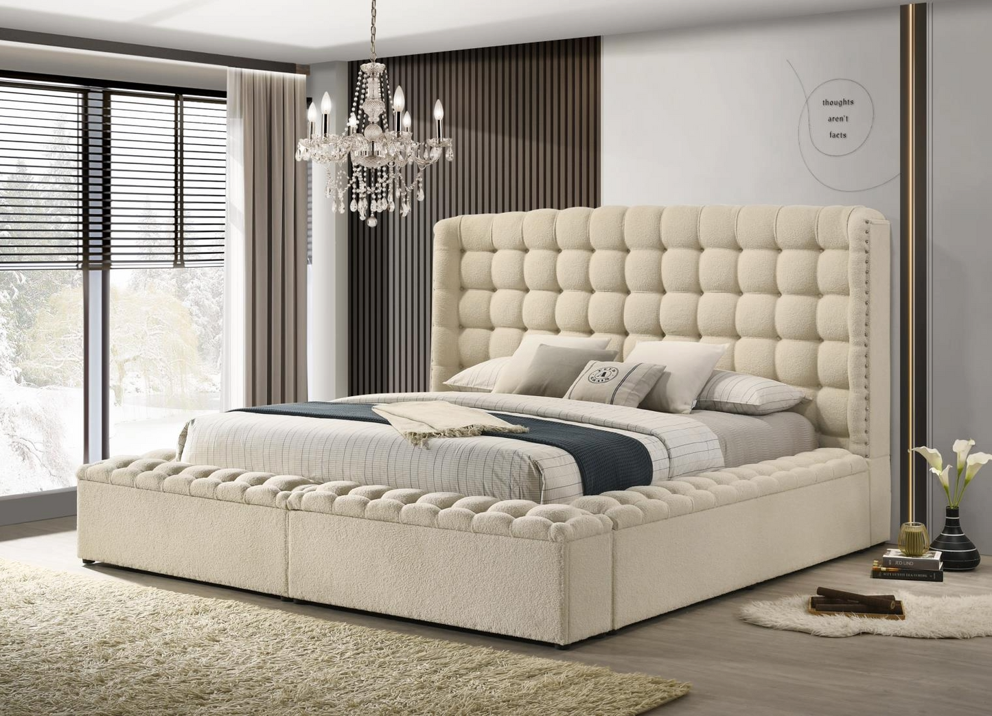Versaley Beige Tufted Low Profile Storage Bed