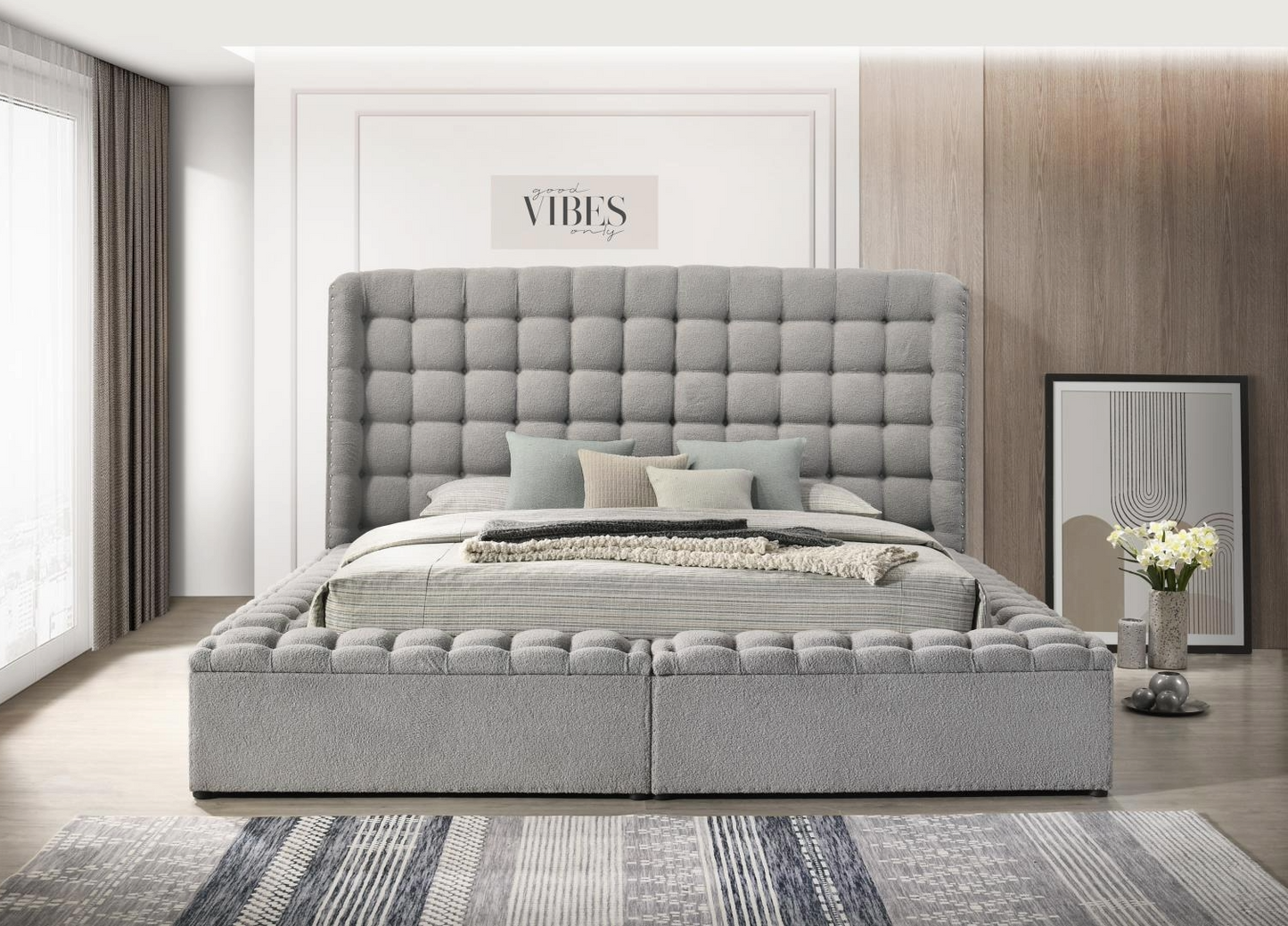 Versaley Gray Tufted Low Profile Storage Bed