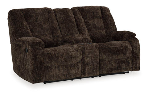 Soundwave Chocolate Reclining Loveseat with Console