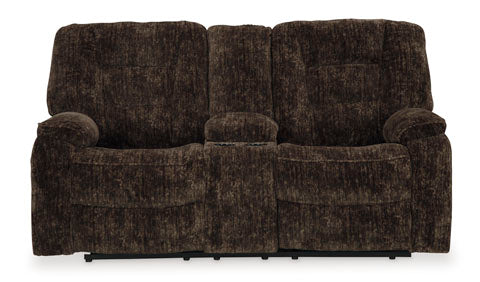 Soundwave Chocolate Reclining Loveseat with Console