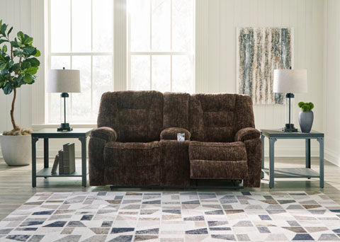 Soundwave Chocolate Reclining Loveseat with Console