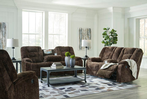 Soundwave Chocolate Reclining Sofa with Drop Down Table