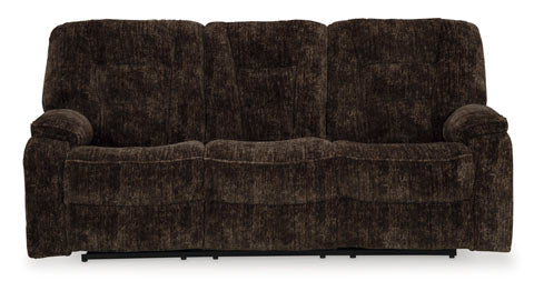 Soundwave Chocolate Reclining Sofa with Drop Down Table