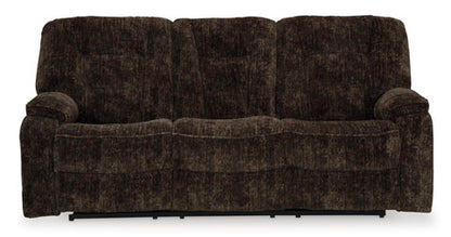Soundwave Chocolate Reclining Sofa with Drop Down Table