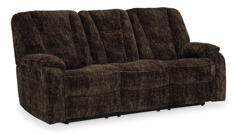 Soundwave Chocolate Reclining Sofa with Drop Down Table